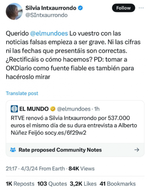 Intxaurrondo tacha de «noticia falsa» que renovó con RTVE el día de su agresiva entrevista a Feijóo